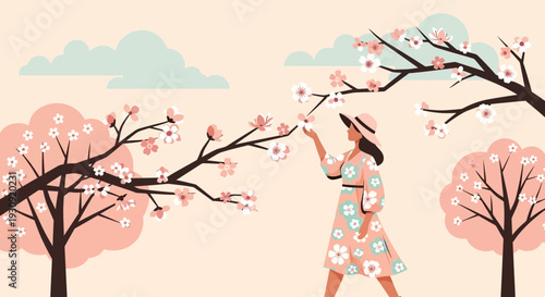 Woman In A Floral Dress Admiring Blooming Cherry Blossoms In Springtime
