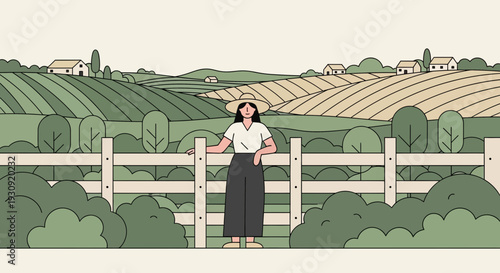 Woman In Farm Attire Stands By Wooden Fence in Picturesque Countryside Scene