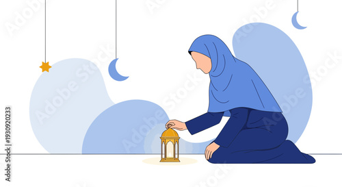 Woman In Blue Hijab Holding Ramadan Lantern With Crescent Moon Decorations