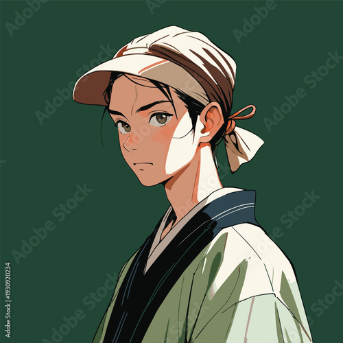 Flat vector illustration of a Japanese man wearing traditional Japanese clothes in Japanese anime style