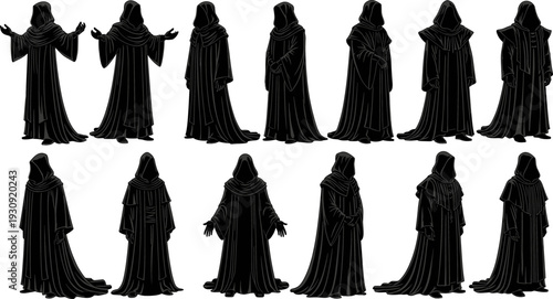 Set of dark hooded figure silhouettes in long flowing robes and mysterious cloaks for fantasy gaming or cinematic occult theme