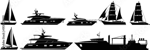 Black silhouette collection of modern luxury yachts, classic sailing ships, elegant catamarans, and industrial cargo vessels isolated on white background for marine design projects