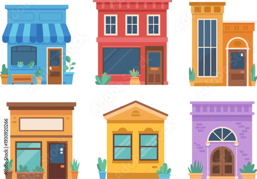 Set of colorful small business storefronts and boutique shop facades with awnings and windows for urban street landscape flat vector