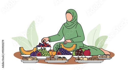Woman In Hijab Enjoying A Bounty Of Fresh Fruits And Sweet Pastries