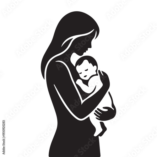 Mother holding sleeping baby silhouette icon, maternal love and care symbol, motherhood parenting concept, minimal black vector illustration isolated