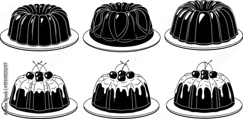 Set of delicious bundt cake silhouettes with icing and cherries on plates for bakery shop menu or sweet dessert celebration