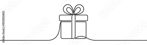 Gift box outline with a bow illustration, created in a continuous single line style for celebrations and special moments.