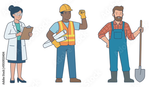 Diverse group of professional workers standing together proudly representing various essential occupations and industries.
