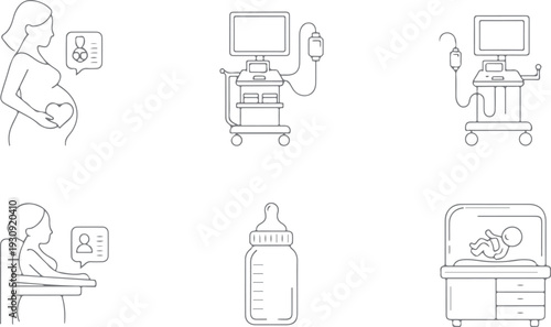 Prenatal care and newborn health line icons representing medical processes