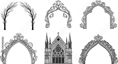 Set of decorative arch frames featuring gothic cathedral facade floral swirls and tree branch borders for elegant vintage invitation designs