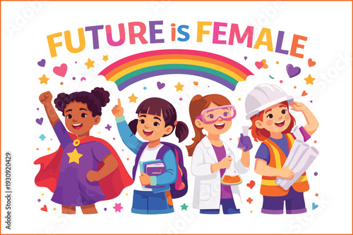 Future is Female Rainbow Banner: Diverse Girls in Costumes and Uniforms Vector Illustration.