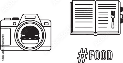 A camera with a burger lens and an open book with cutlery
