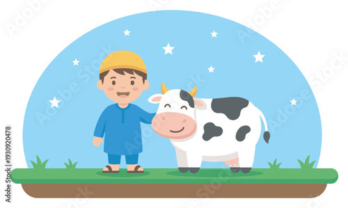 Cartoon boy and cow celebrate Eid al-Adha festival together, representing the spirit of sacrifice and community in a joyful illustration.
