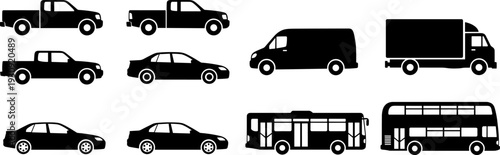 Black silhouette collection of urban transportation vehicles featuring pickup trucks sedan cars delivery van box truck and public transit buses isolated on white background for design