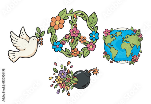Cartoon peace symbols and anti-war elements including a dove, flower peace sign, blooming earth, and a flower bomb.