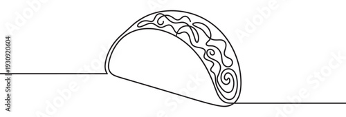 Delicious Mexican taco illustration created with a single continuous line, showcasing a popular fast food item in a modern minimalist style.