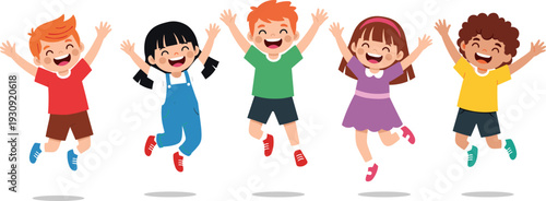 Set of happy diverse children jumping and cheering together in colorful clothes for school education or kindergarten flat vector illustration