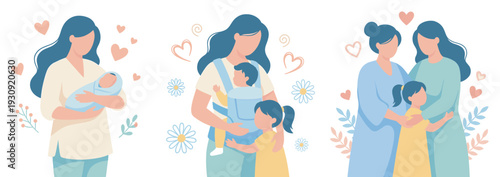 Mothers and children illustrating different stages of family life, from newborn care to growing up with love and support.
