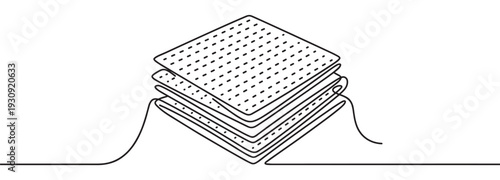 Stack of traditional matzah crackers drawn in continuous line art, symbolizing Passover, Jewish holidays, and simple food.