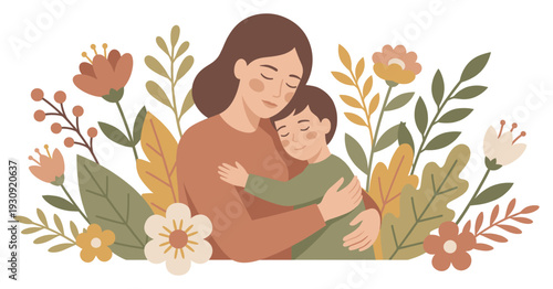 Mother embracing child with closed eyes, surrounded by a vibrant bouquet of autumn flowers and foliage, symbolizing love and tenderness.