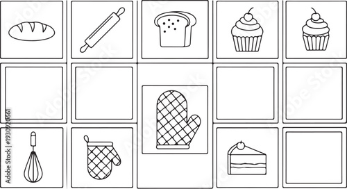 Line art illustrations of baking ingredients and kitchen tools