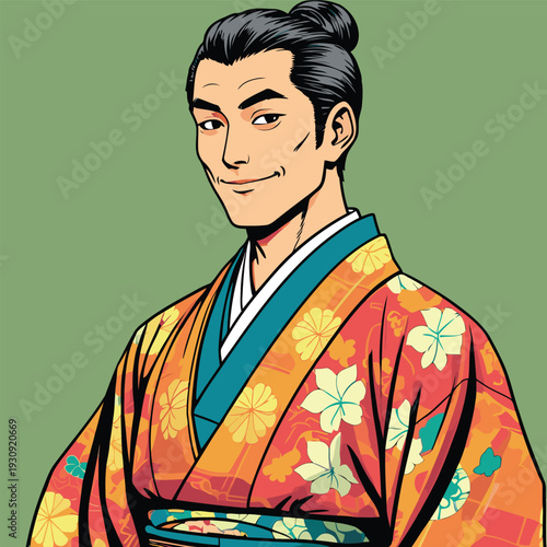 Flat vector illustration of a Japanese man wearing traditional Japanese clothes in Japanese anime style