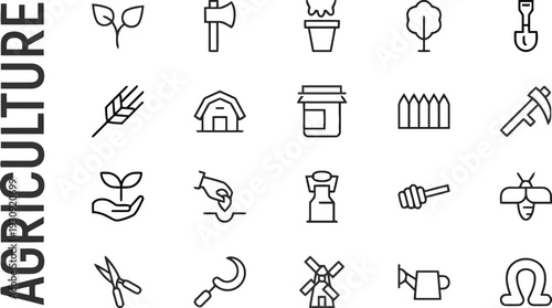 Agriculture icons set farm equipment and crops for organic food production and harvest