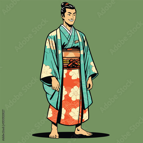 Flat vector illustration of a Japanese man wearing traditional Japanese clothes in Japanese anime style