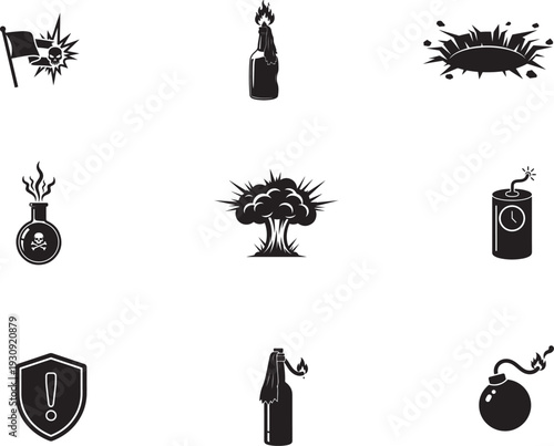 Collection of monochrome icons depicting various explosive devices and warnings
