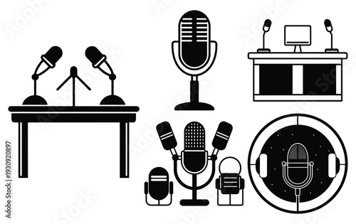 Podcast Recording Setup Collection: Microphones, Tables, and Studio Equipment in Black Silhouette Vector Illustration
