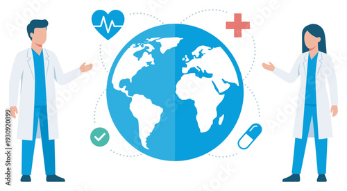 Healthcare professionals and medical symbols encircle a globe, representing universal health and global medical care.