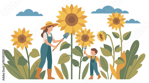 Woman and child gardening among sunflowers, cultivating plants and enjoying nature together in a vibrant summer field.