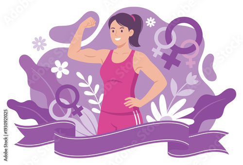 Woman flexing bicep, celebrating strength and empowerment concept with feminist symbols, vibrant floral elements, and a confident smile.