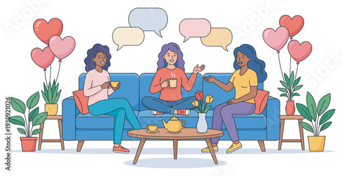Three diverse women friends enjoy a lively conversation together on a comfortable blue sofa with speech bubbles floating above their heads.