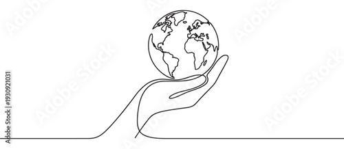 Hand holding Earth continuous line drawing illustration symbolizing global responsibility and environmental protection.