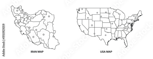 USA and Iran map outline illustration with state boundaries and simplified regional divisions