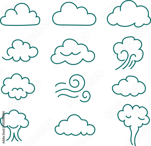 Diverse cloud and smoke icons collection. Simple line art style set for weather forecast, air pollution, wind, steam, fog, vapor, digital graphic Design.