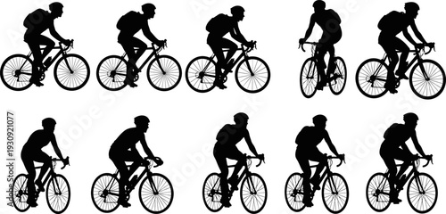 Set of professional cyclist silhouettes riding road bicycles with helmets and backpacks in various active cycling poses flat vector illustration