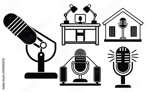 Podcast Studio Equipment and Broadcasting Icons Set - Vector Illustration for Content Creation and Audio Recording