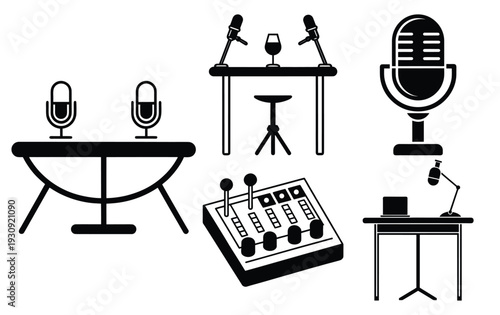 Podcast Studio Equipment Collection - Vector Illustration of Microphones, Mixers, and Desks for Audio Recording and Broadcasting