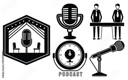 Podcast Studio Equipment and Hosts Vector Illustration - Black and White Design for Audio Broadcasting, Interviews, and Content Creation