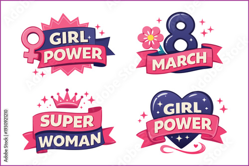 Girl Power and International Women's Day Sticker Set: Vector Badges with Crowns, Hearts, and Flowers.