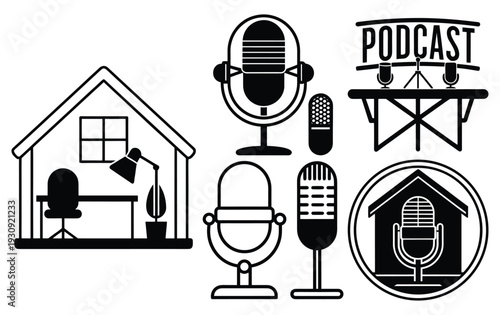 Podcast Studio Setup Icons - Black and White Vector Illustration of Microphones, Home Office, and Recording Equipment