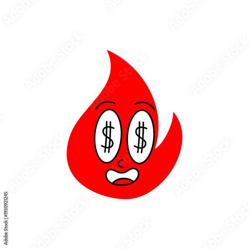 Funny red flame character with dollar sign eyes and surprised mouth. Comic fire emoji illustration with money expression.