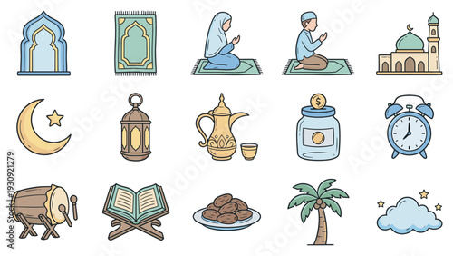 Islamic Ramadan religious celebration symbols collection of traditional elements depicting faith, prayer, and cultural traditions in a charming cartoon style.