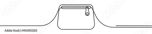 Zippered pouch illustration, a continuous line art drawing of a small bag or container with a simple zipper closure.