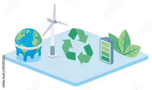 Environmental sustainability icons representing global warming, renewable energy, recycling, and clean energy solutions for a healthier planet.