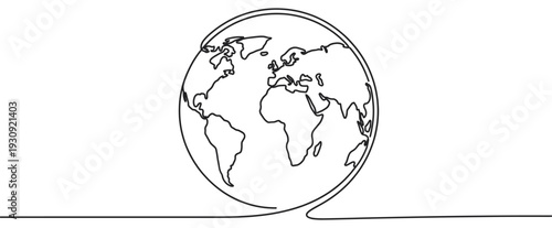 Single continuous line drawing of the world map globe representing global connection, unity, and environmental awareness.