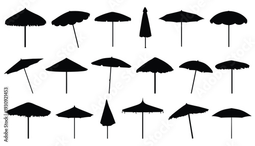 Assortment of beach umbrellas and parasols in various styles and angles