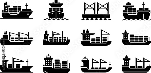 PrintBlack vector icon set of industrial cargo ships container vessels and maritime freight transportation symbols isolated on white background for global shipping logistics design